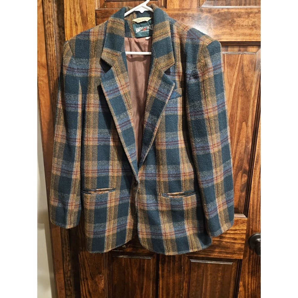 Vintage American Eagle Wool Blend Plaid Blazer Coat Women Small Y2K Multicolor